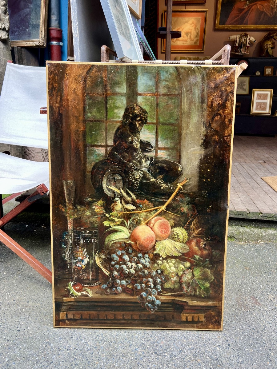 French Or Belgian School - Still Life With Bacchus, Late 19th Century -photo-3