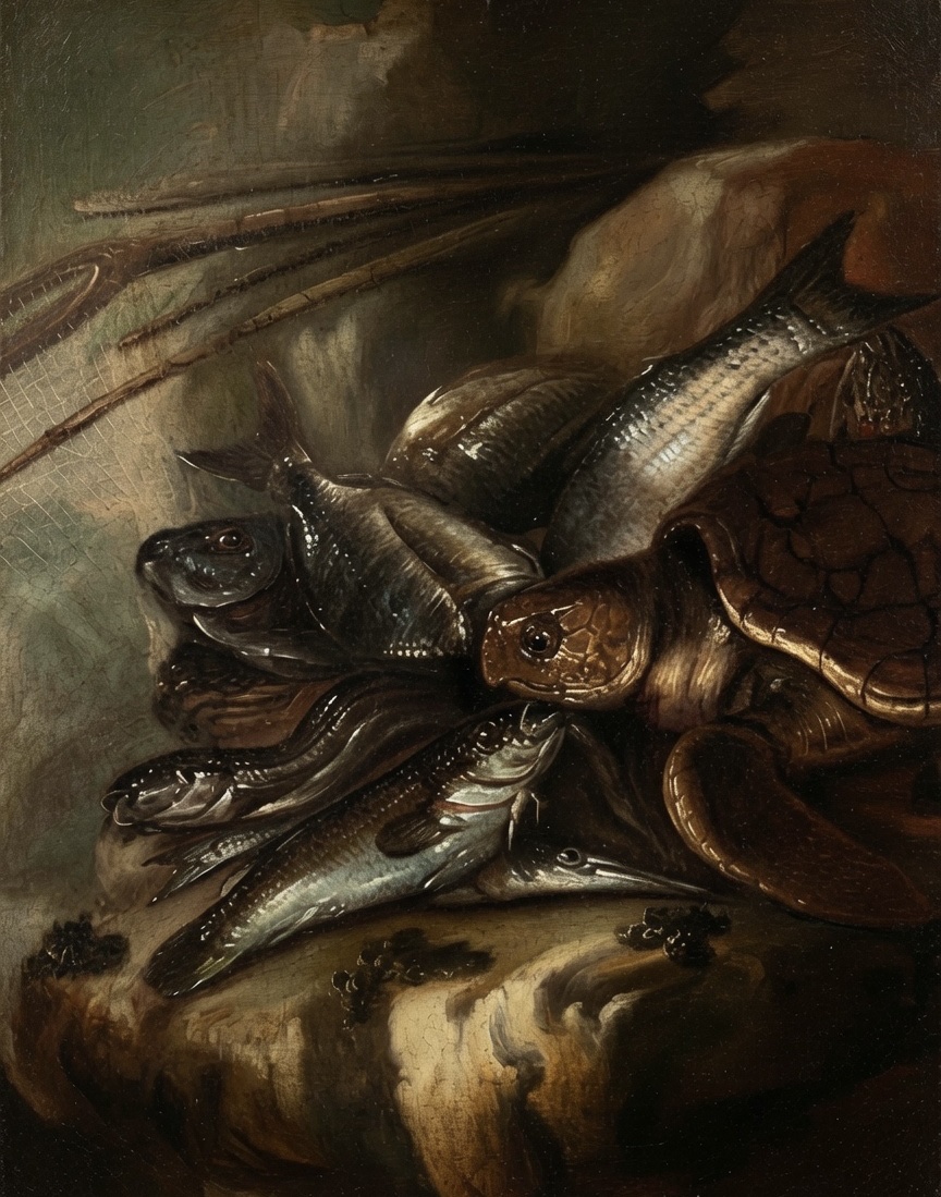 Giuseppe Recco (1634–1695) - Pair Of Still Lifes Featuring Fish And A Turtle-photo-1