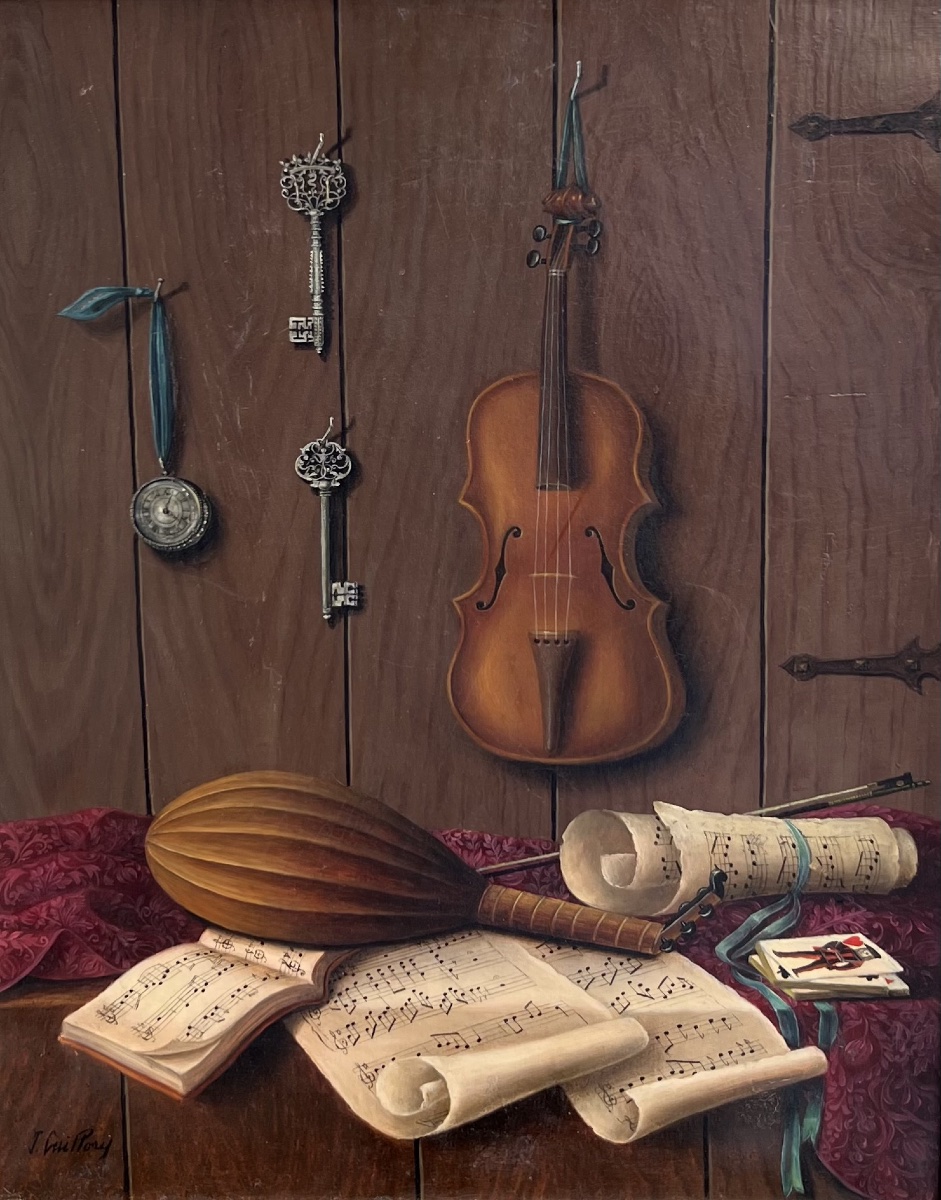Tableau trompe-l’œil nature morte aux instruments 
