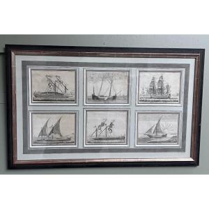 Montage de collection au 6 gravures représentant des vaisseaux du roi Louis XIV