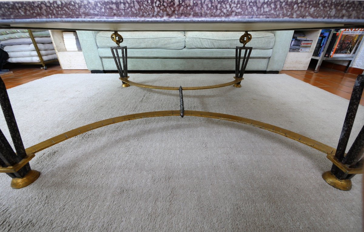 Large Coffee Table In Wrought Iron And Stone Marquetry In The Style Of Gilbert Poillerat-photo-4
