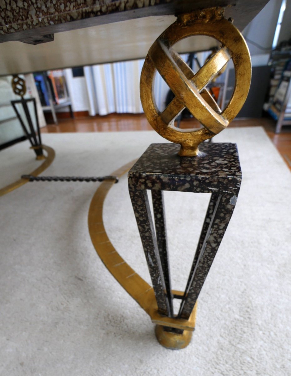 Large Coffee Table In Wrought Iron And Stone Marquetry In The Style Of Gilbert Poillerat-photo-1