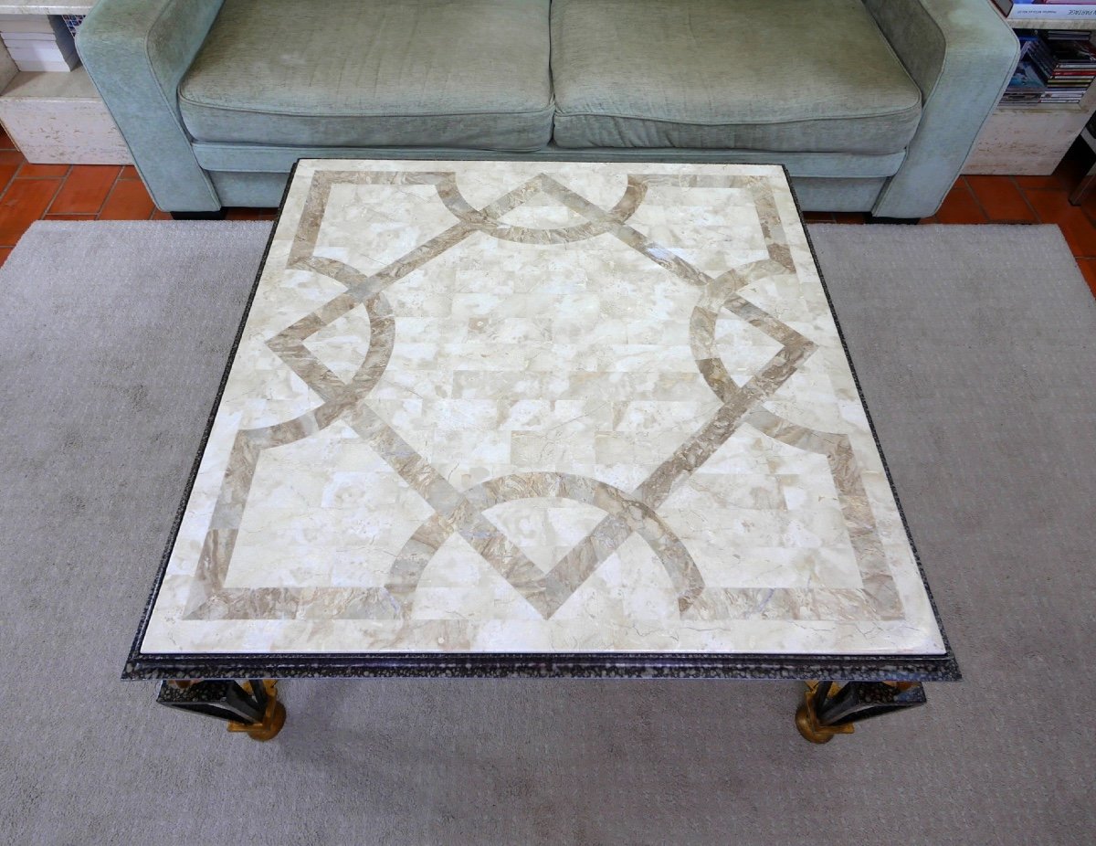Large Coffee Table In Wrought Iron And Stone Marquetry In The Style Of Gilbert Poillerat-photo-6