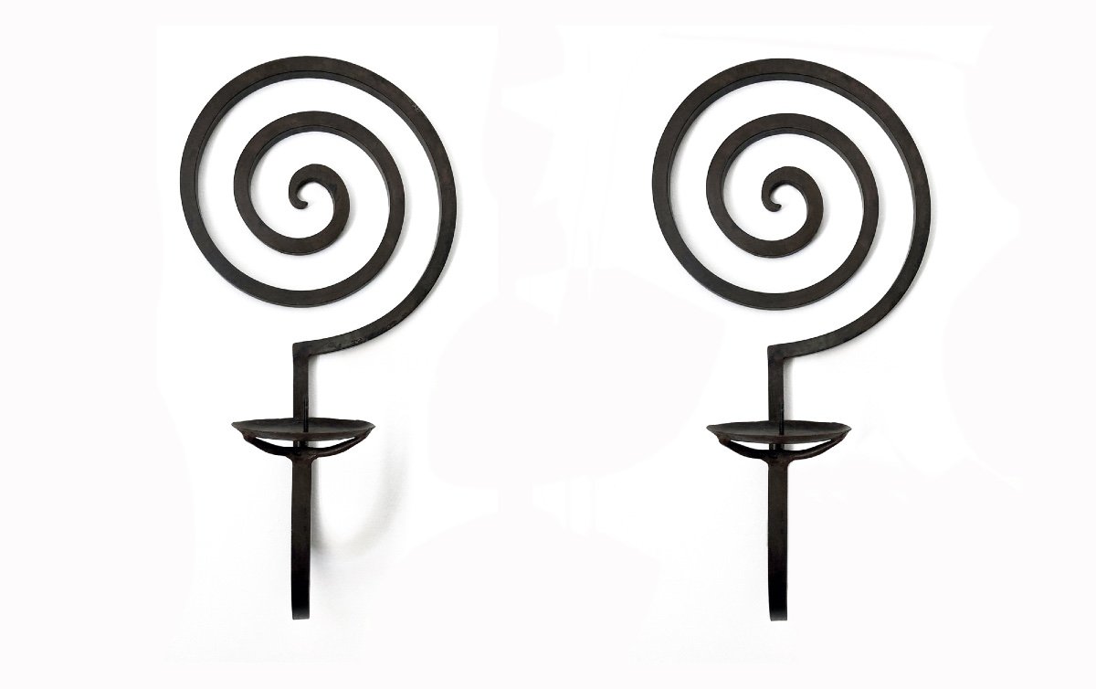 Pair Of Spiral Wrought Iron Wall Lights/brutalist