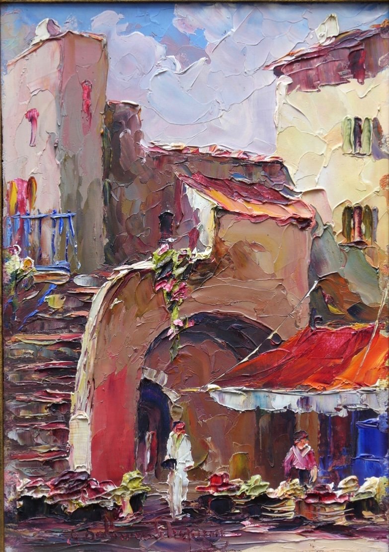 Peinture d’André Salomon dit Salomon Le Tropézien  représentant  une place de  Saint-Tropez -photo-1