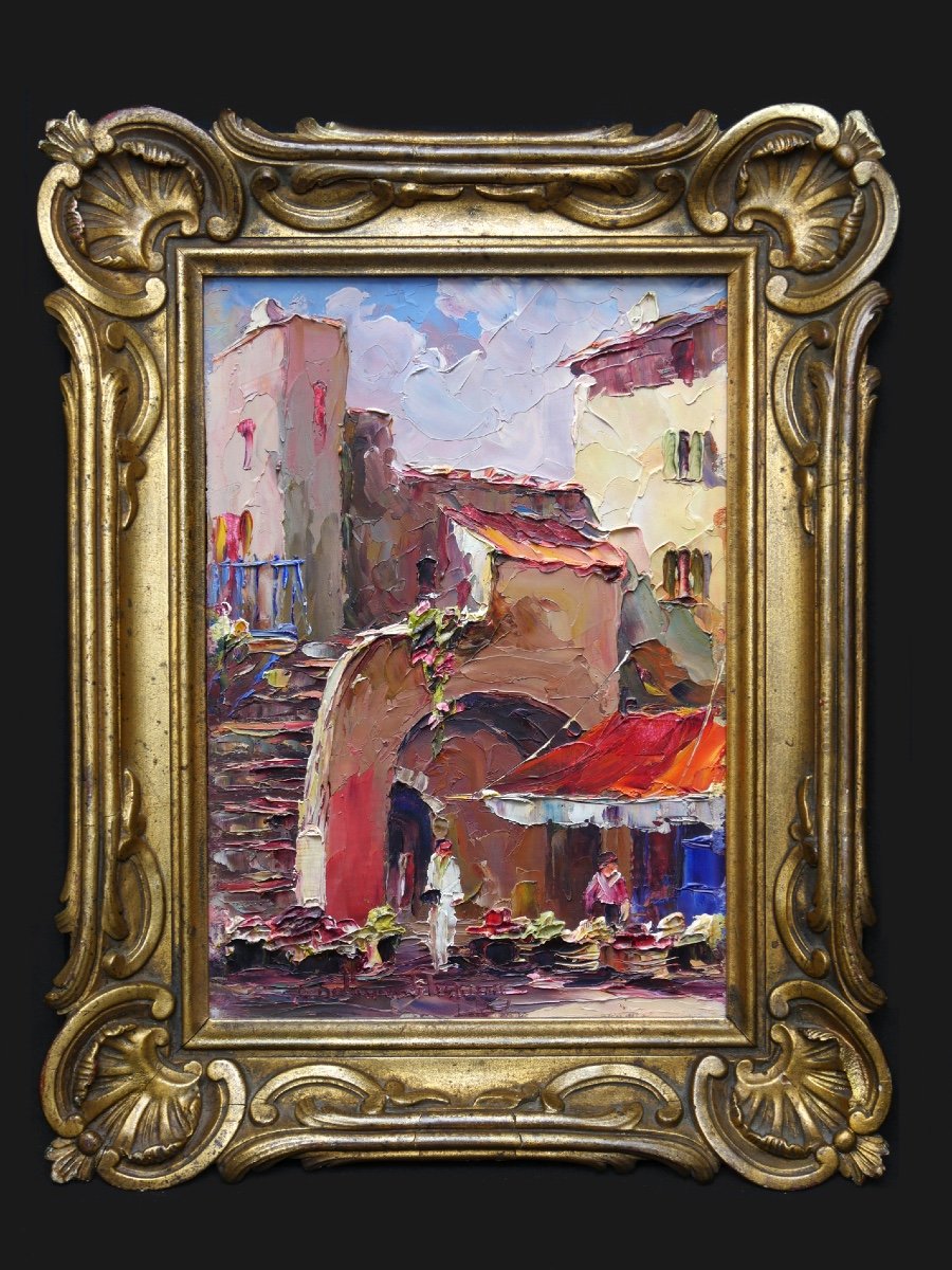 Peinture d’André Salomon dit Salomon Le Tropézien  représentant  une place de  Saint-Tropez 