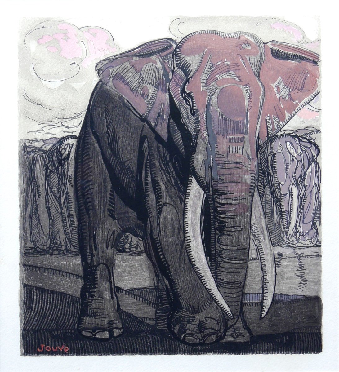 Estampe papier Bois gravé de 1931 représentant “ les éléphants” par Paul Jouve-photo-2