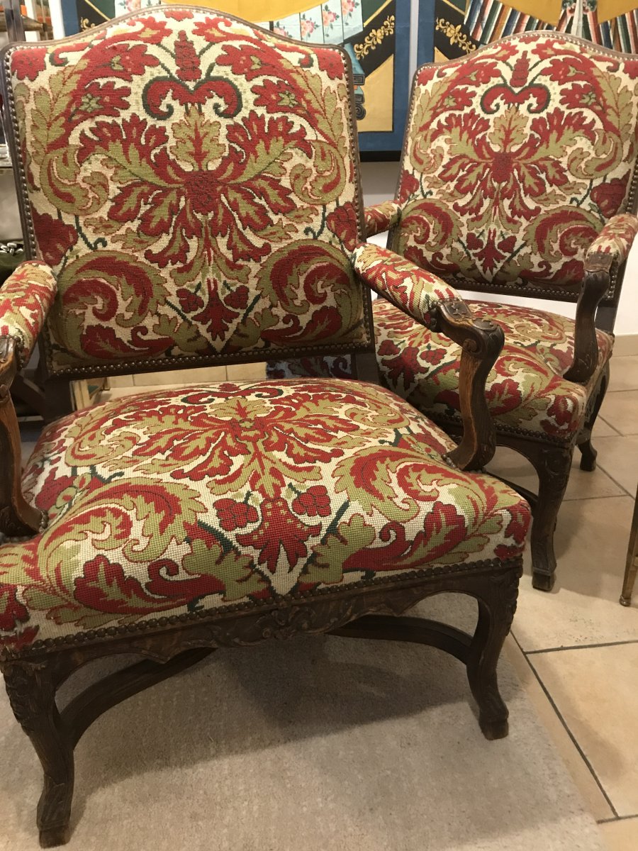 Pair Of Louis XIV Regency Armchairs With Spacers-photo-2