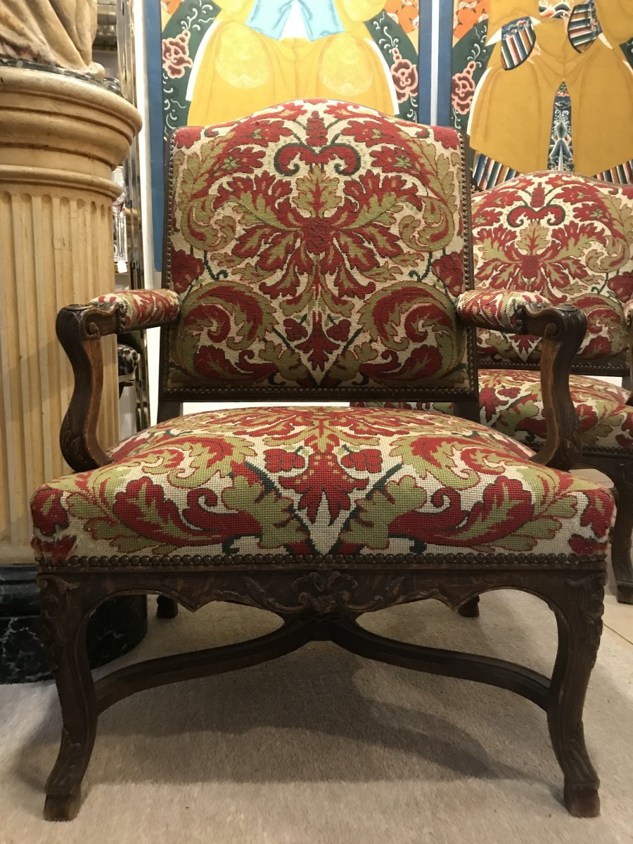 Pair Of Louis XIV Regency Armchairs With Spacers-photo-3
