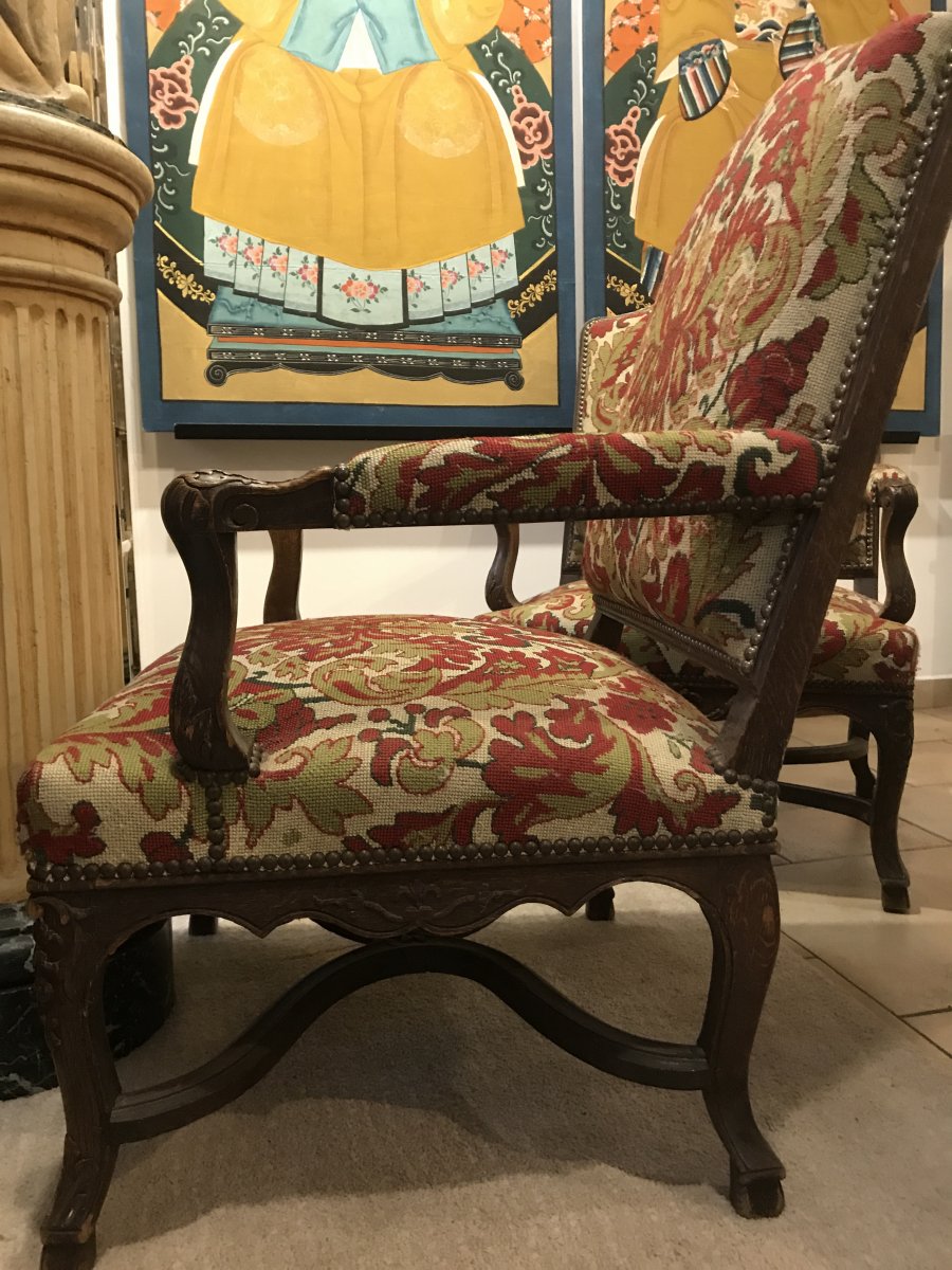 Pair Of Louis XIV Regency Armchairs With Spacers-photo-4