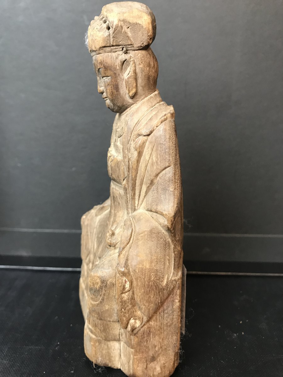 Chinese Dignitary Wooden Statuette Qing Period-photo-3