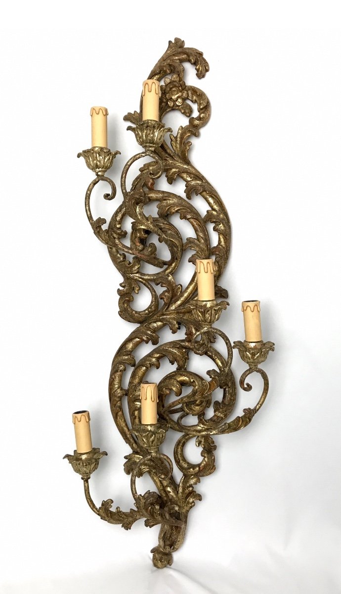 Large Pair Of Italian Wall Lights In Golden Wood-photo-2