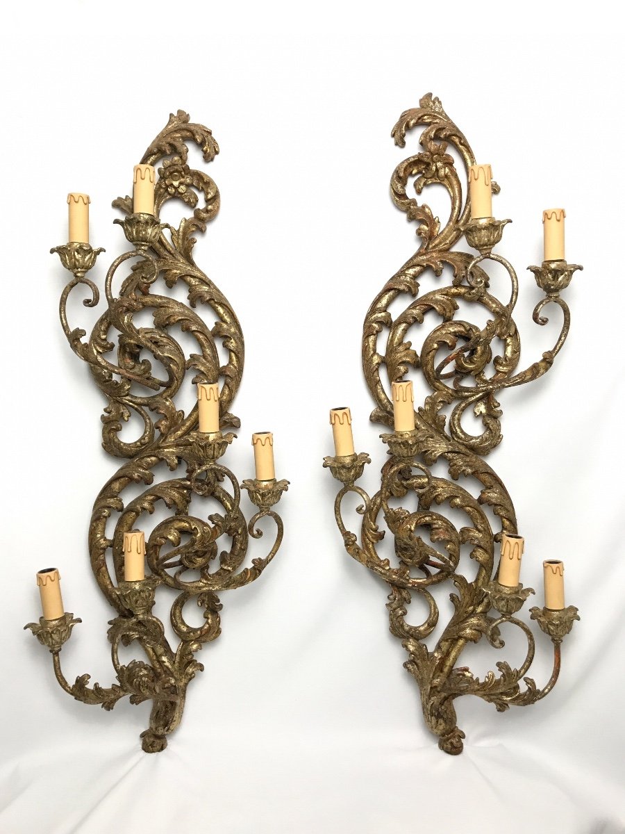 Large Pair Of Italian Wall Lights In Golden Wood