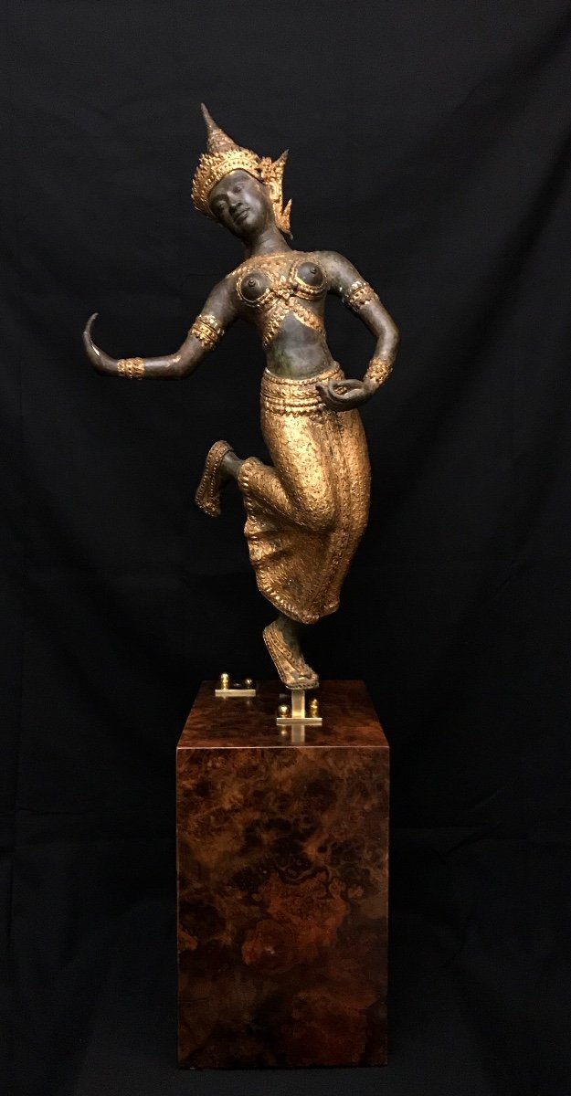 Grande Statuette De Danseuse Thaïlandaise En Bronze -photo-4