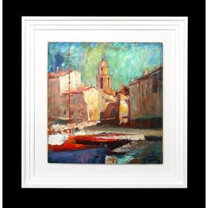 Peinture à l’huile représentant le vieux port de Saint-Tropez 