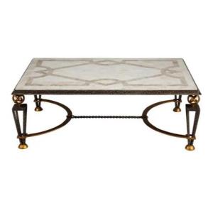 Large Coffee Table In Wrought Iron And Stone Marquetry In The Style Of Gilbert Poillerat
