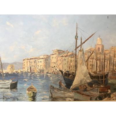 "the Port Of Saint-tropez" Oil On Canvas By Henri Édouard Bargin