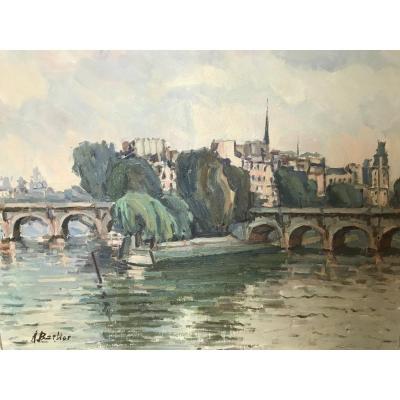 Paris "l'île De La Cité" Oil On Canvas By Barlier