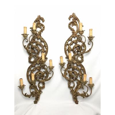 Large Pair Of Italian Wall Lights In Golden Wood
