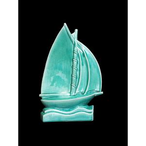 Cracked Ceramic Sailboat Signed Lejan