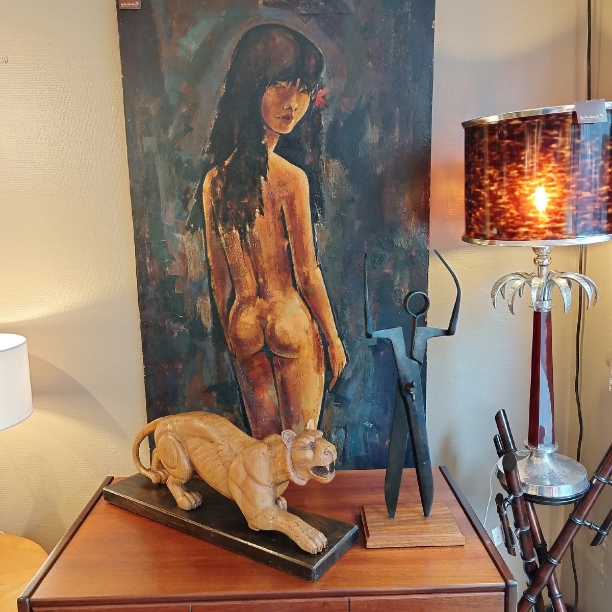 Grande Sculpture De Lionne En Bois-photo-2