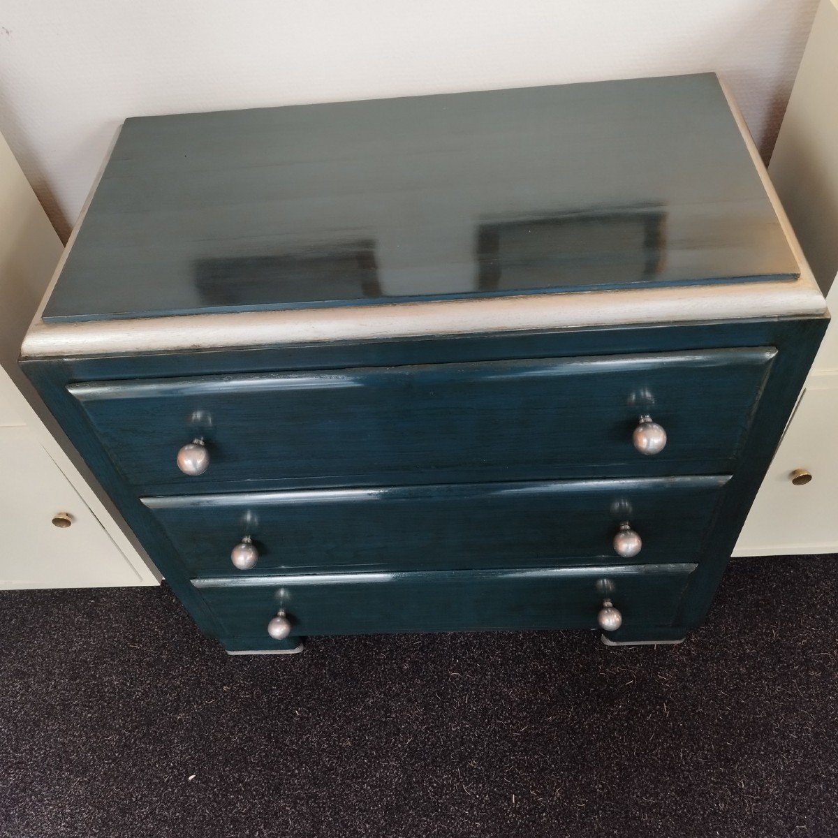 Small Oak Chest Of Drawers Lacquered Petrol Blue With Art Deco Inspiration-photo-3