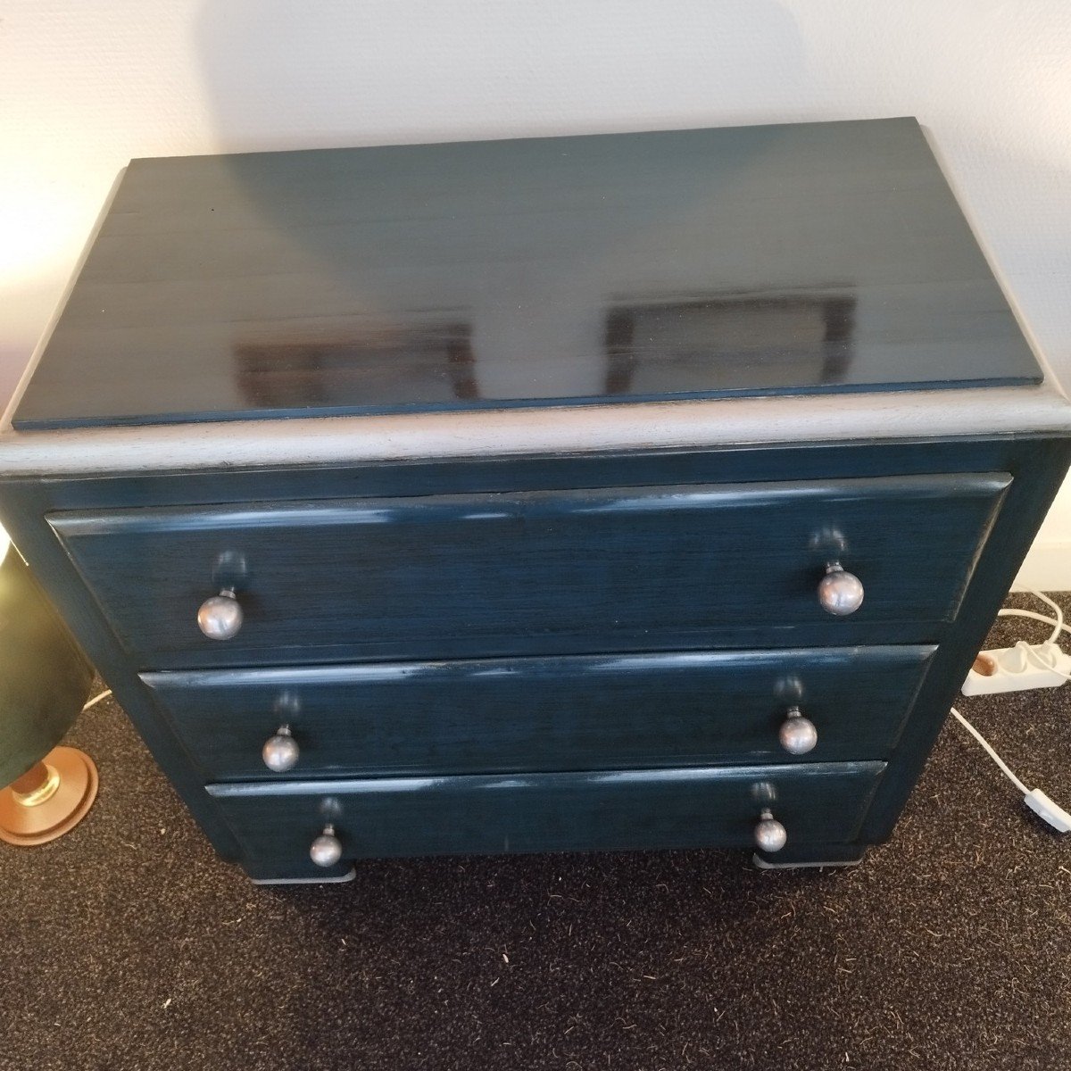 Small Oak Chest Of Drawers Lacquered Petrol Blue With Art Deco Inspiration-photo-1