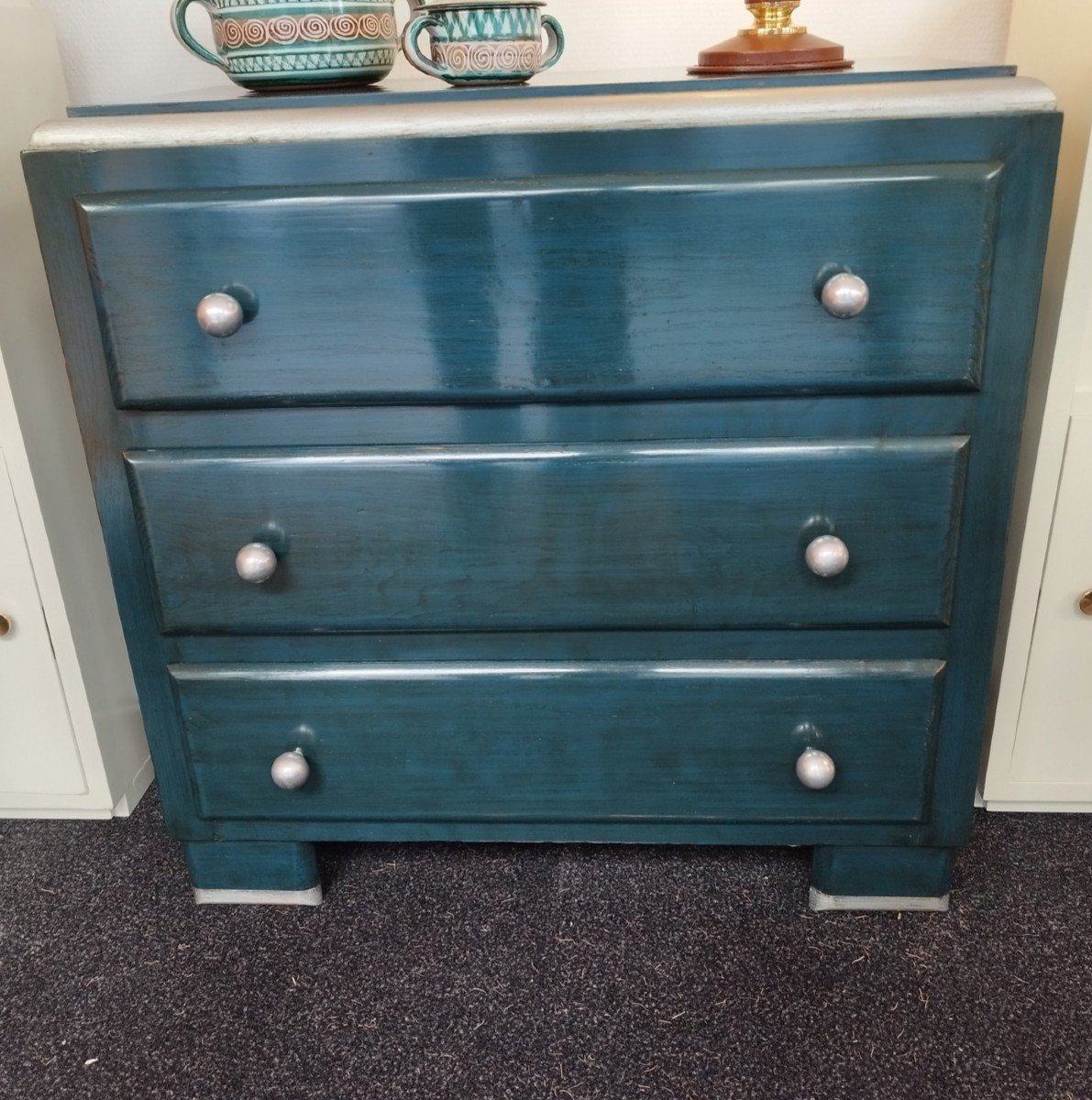 Small Oak Chest Of Drawers Lacquered Petrol Blue With Art Deco Inspiration