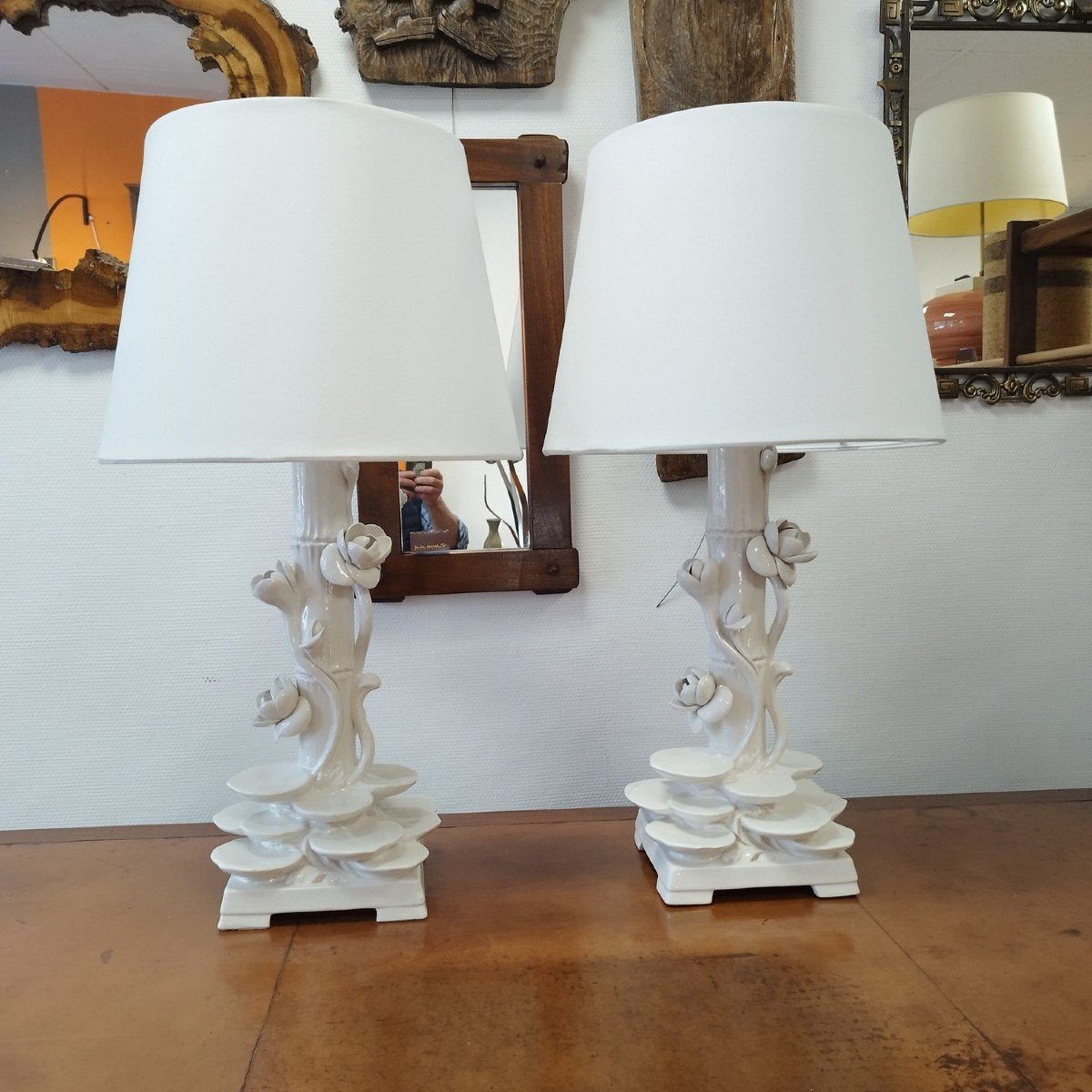 Grande Paire De Lampes En Céramique Blanche, Années 60-photo-2