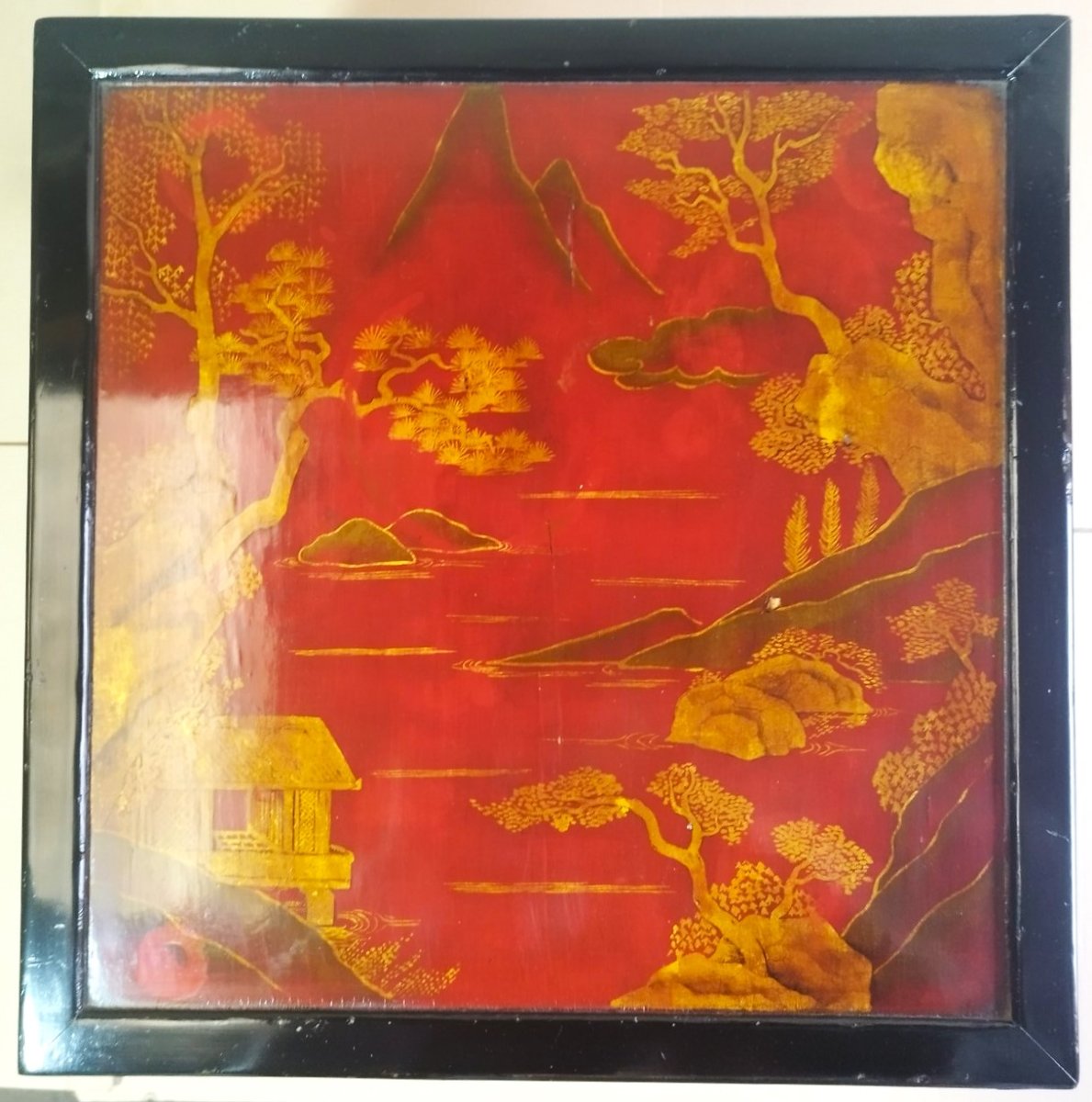 Small Red And Gold Lacquer Table On A Black Base, With Landscape Decor, Late 19th Century-photo-4
