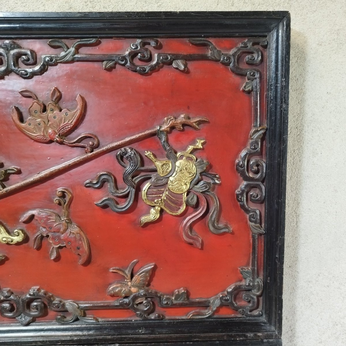 Pair Of Chinese Carved And Lacquered Wooden Panels-photo-2