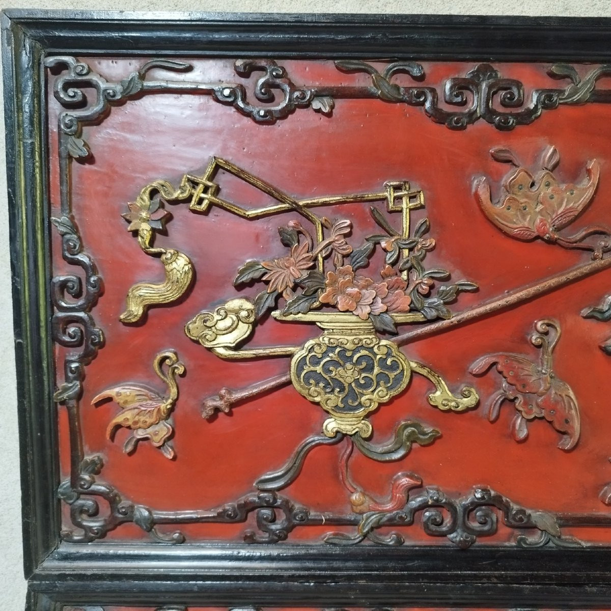 Pair Of Chinese Carved And Lacquered Wooden Panels-photo-3