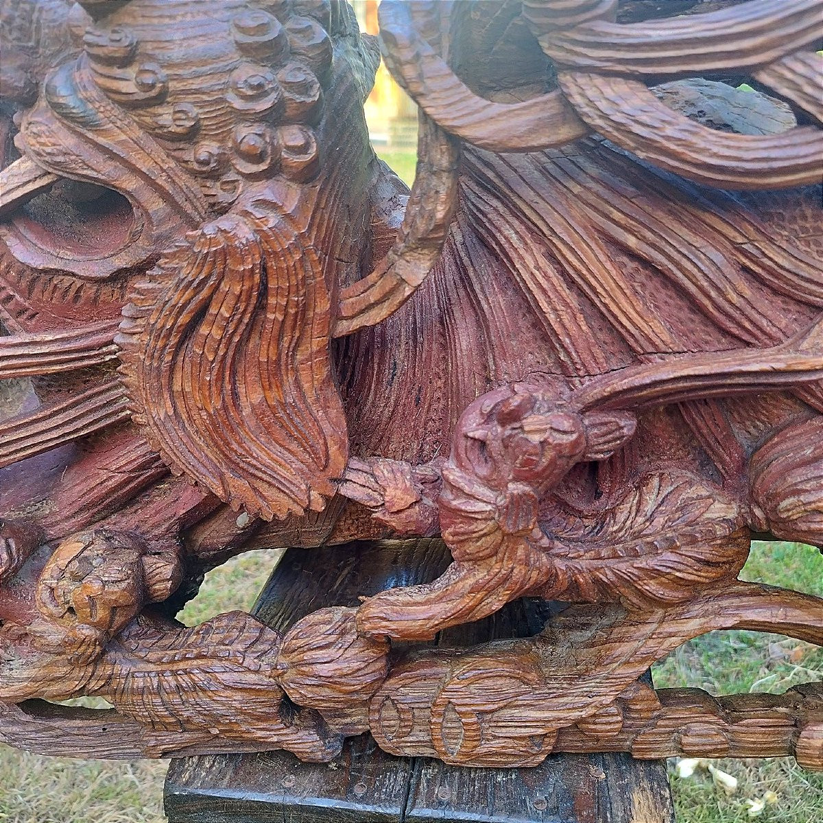 Elément architectural Asiatique en pin sculpté à décor de chien Foo-photo-4