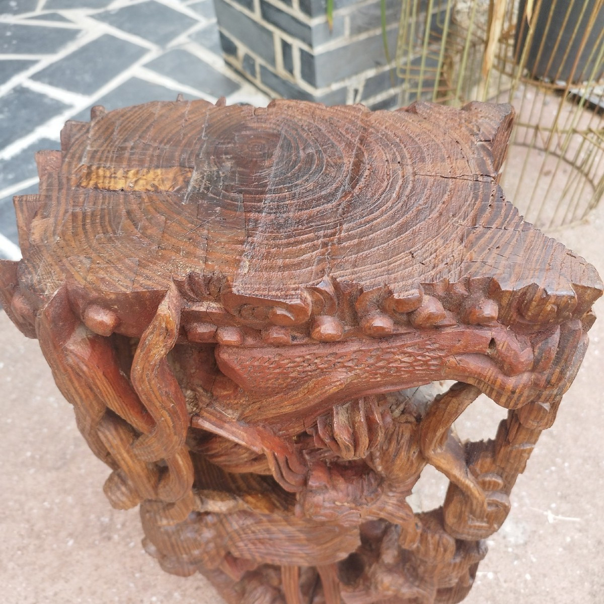 Elément architectural Asiatique en pin sculpté à décor de chien Foo-photo-5
