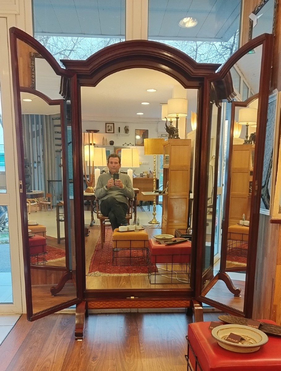 Grand miroir tryptique en acajou et marquèterie du XIXème