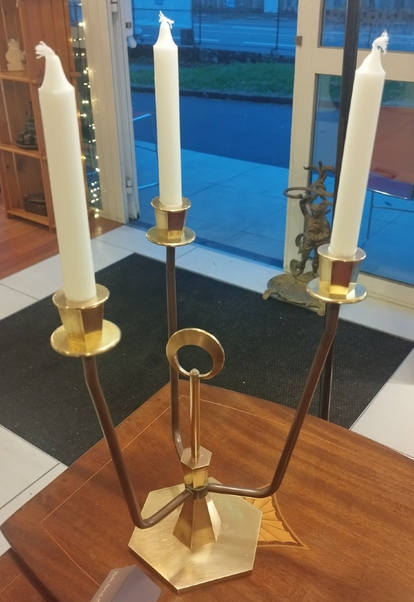 Three-branch Bronze Candlestick, 20th Century-photo-3