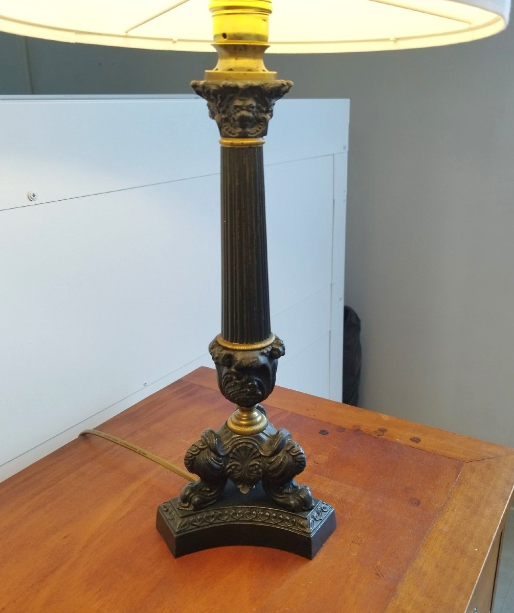 Paire de lampes néo-classique, en régule patiné et laiton-photo-4