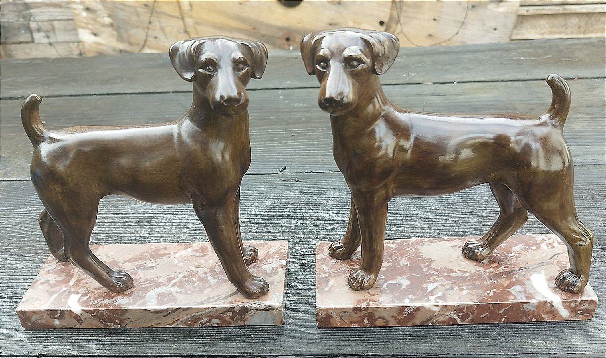 Grande paire de chiens en régule teintés sur base en marbre art-déco-photo-2