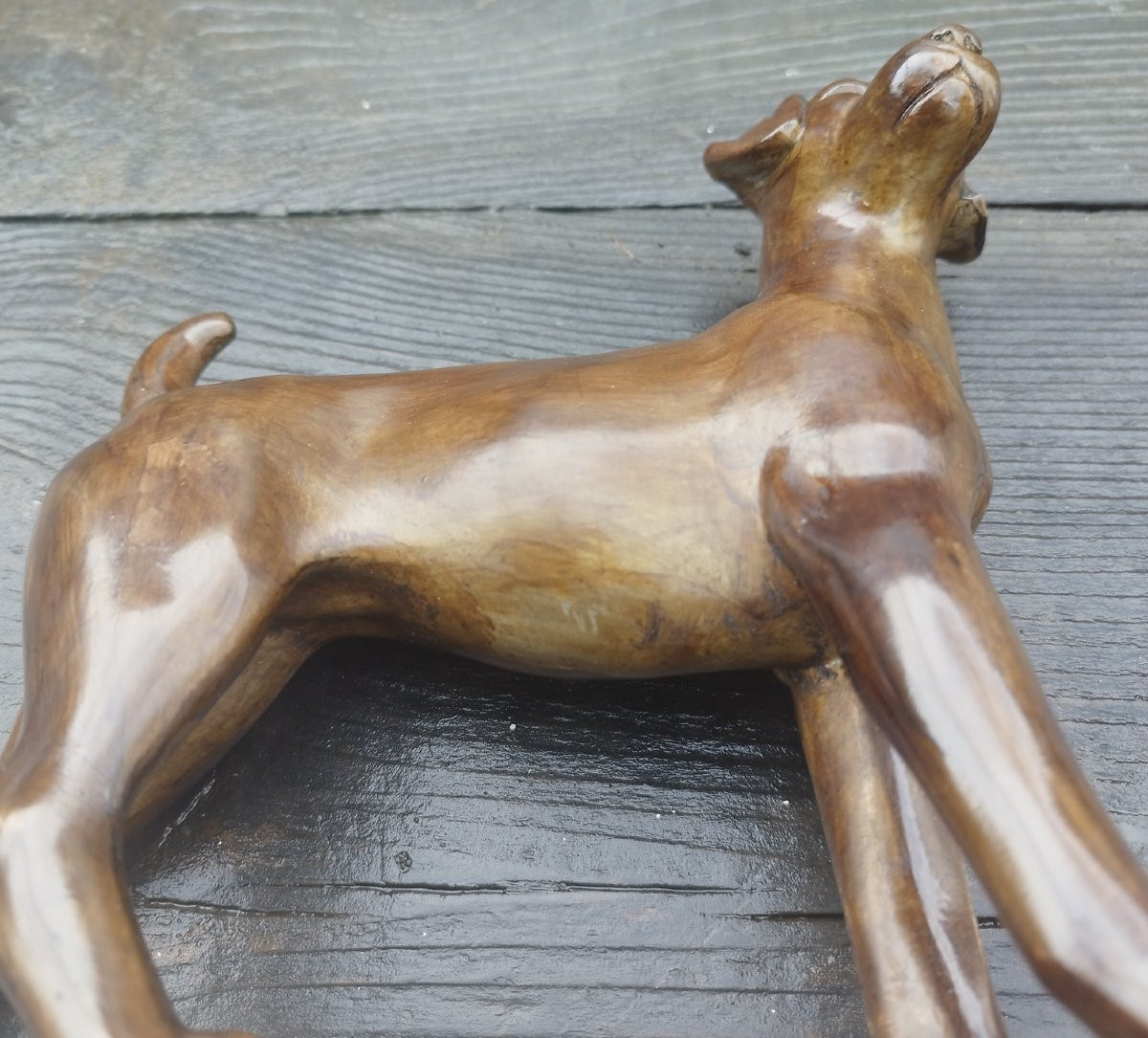 Grande paire de chiens en régule teintés sur base en marbre art-déco-photo-5