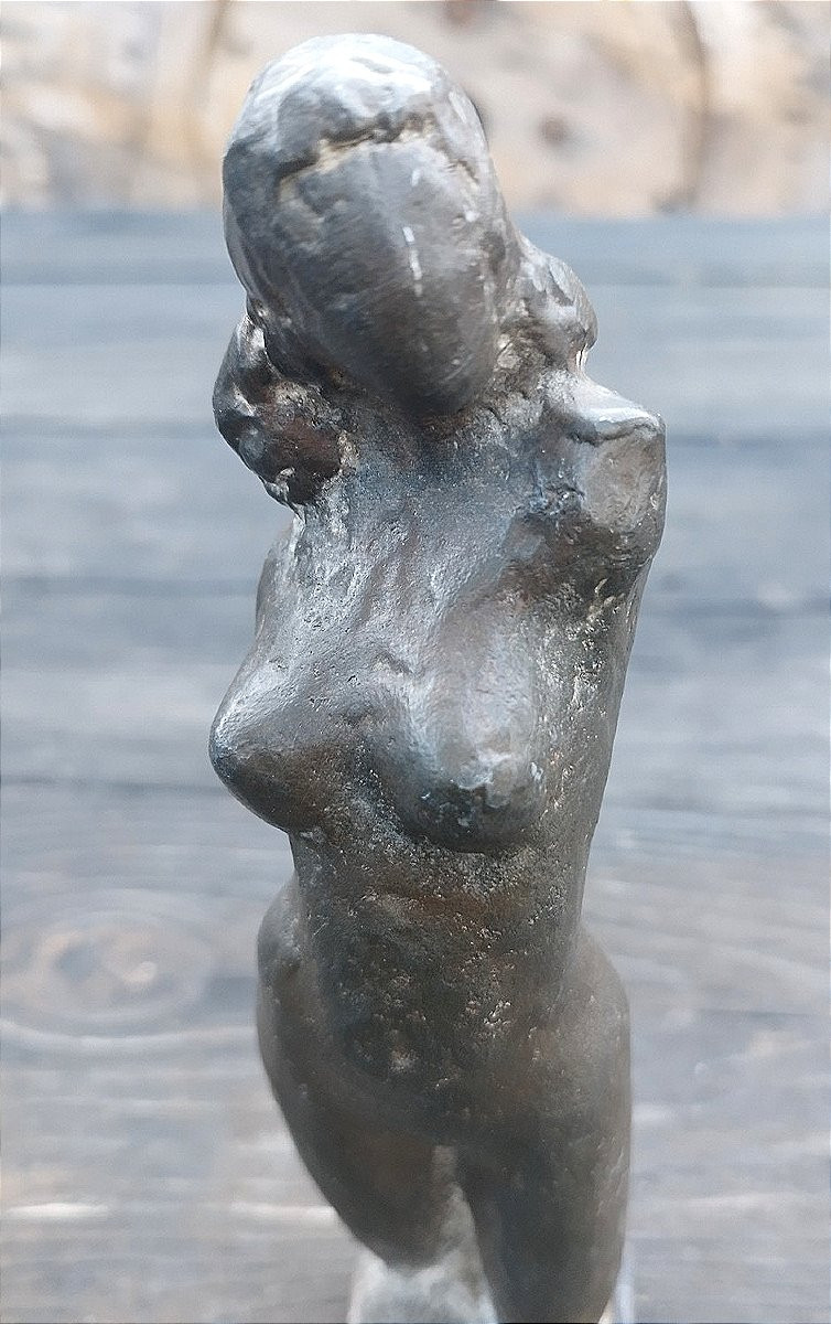 Standing Lead Nude Figure With Brown Patina On A Wooden Base-photo-2