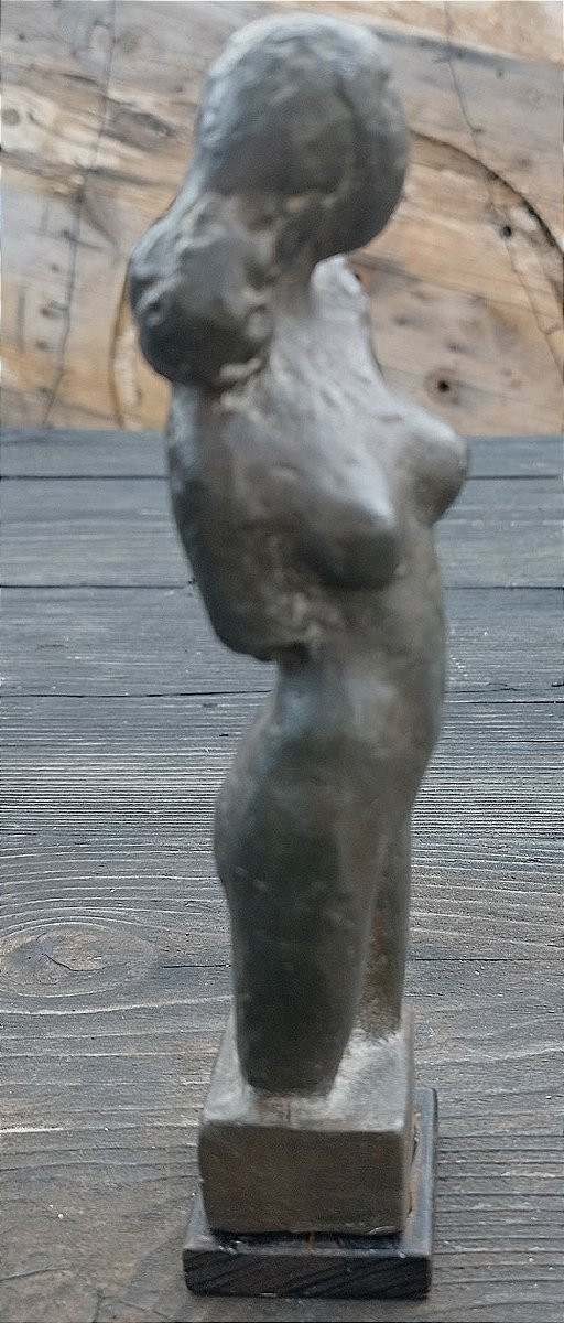 Standing Lead Nude Figure With Brown Patina On A Wooden Base-photo-1