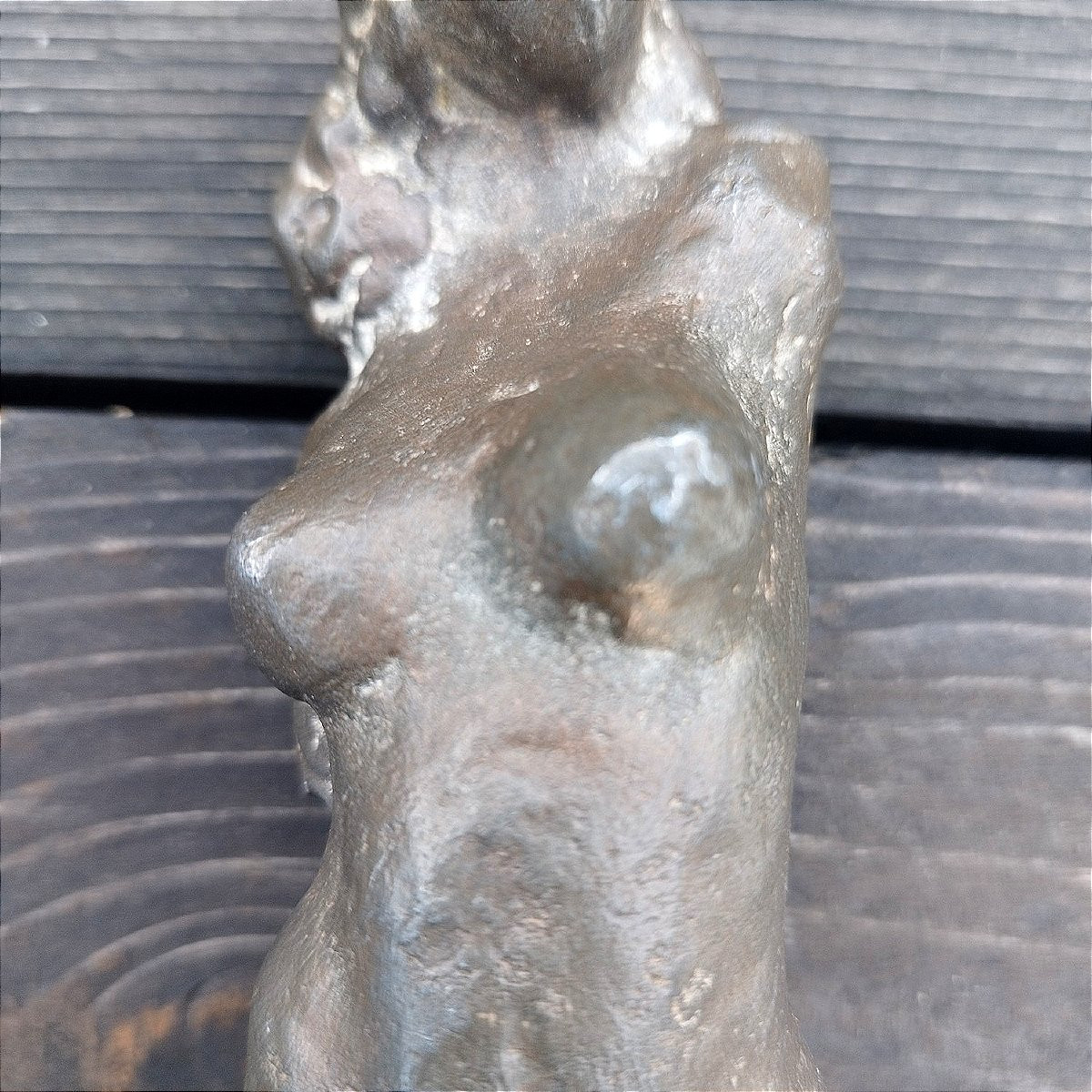 Standing Lead Nude Figure With Brown Patina On A Wooden Base-photo-6