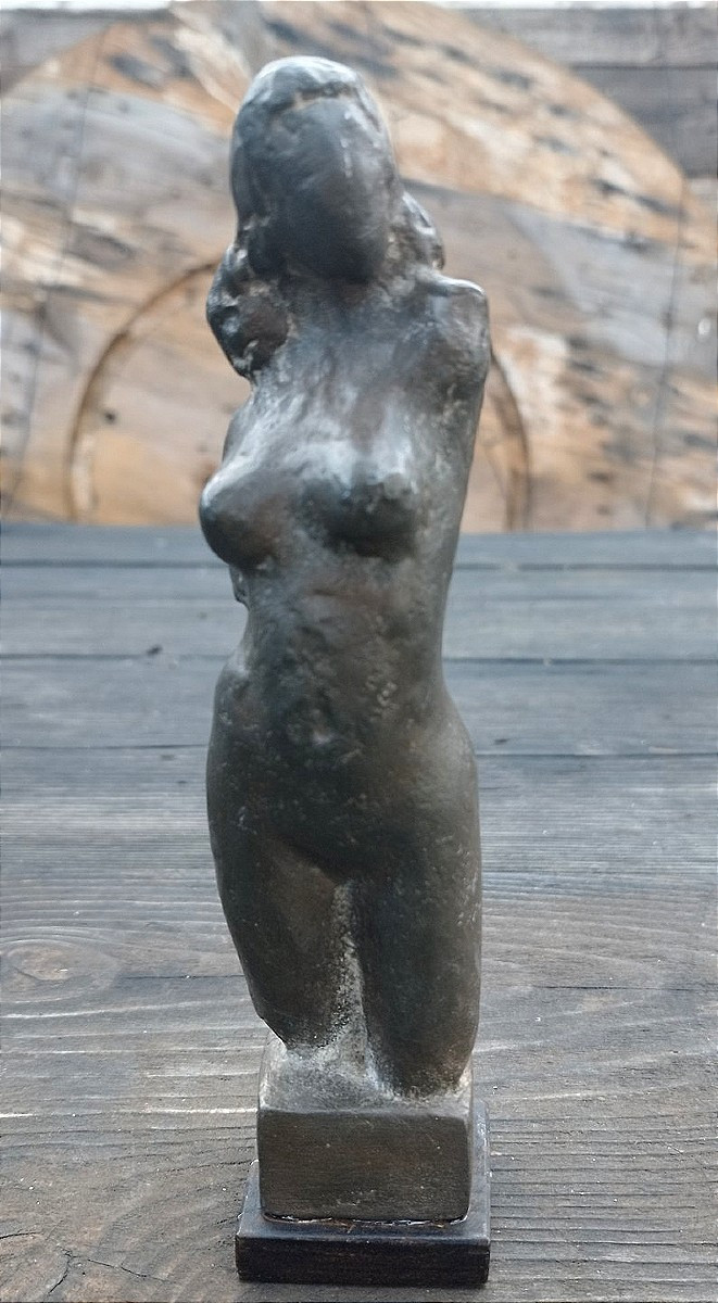 Standing Lead Nude Figure With Brown Patina On A Wooden Base