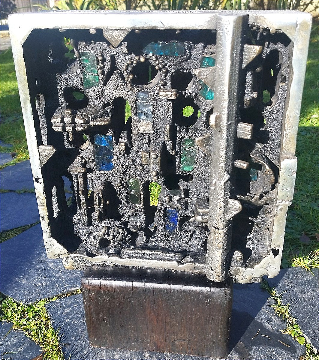Abstract Sculpture In Cast Aluminum Inlaid With Cabochons On A Wooden Base