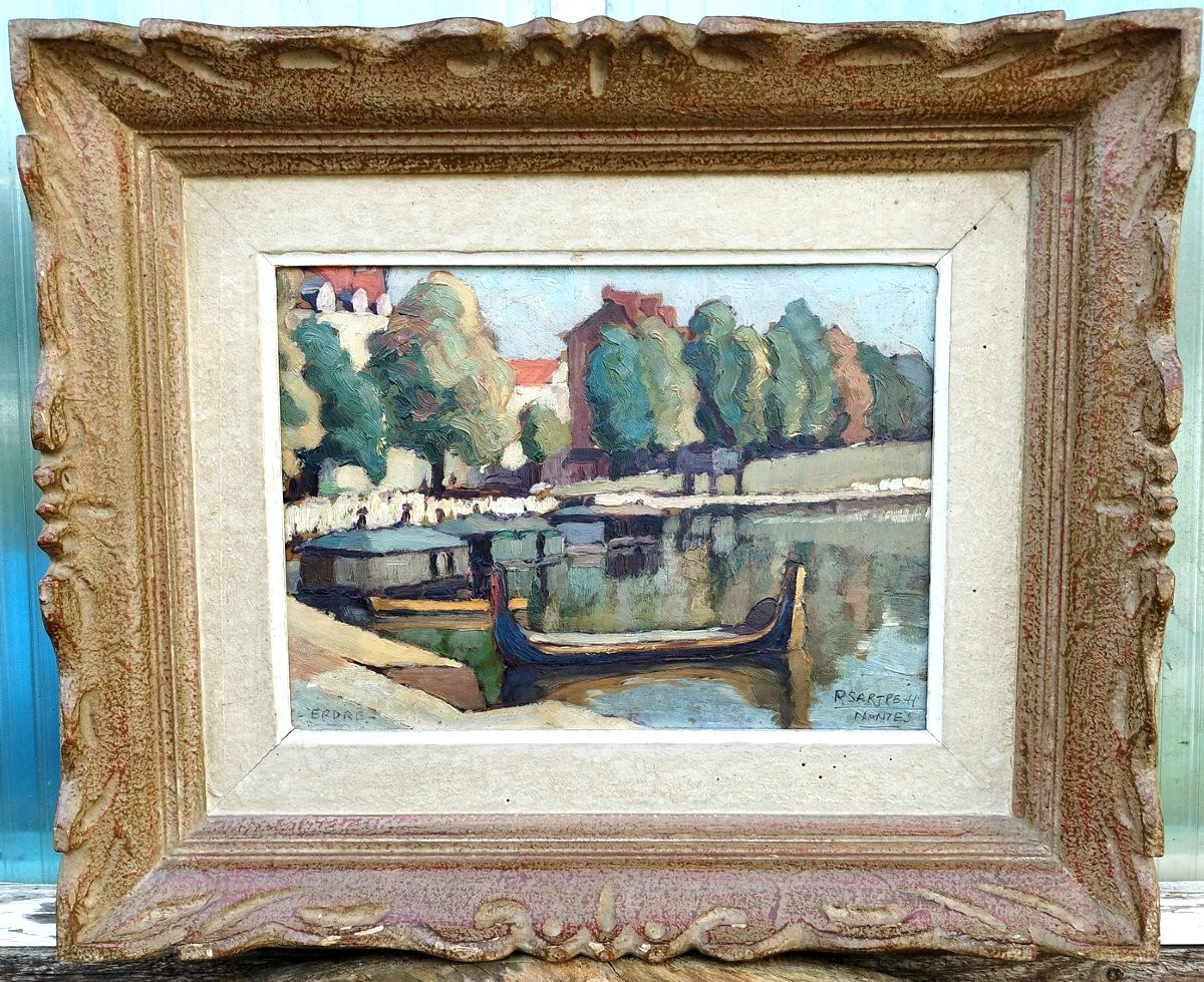 Huile sur carton des bords de l'Erdre de René Sartre, 1941-photo-2