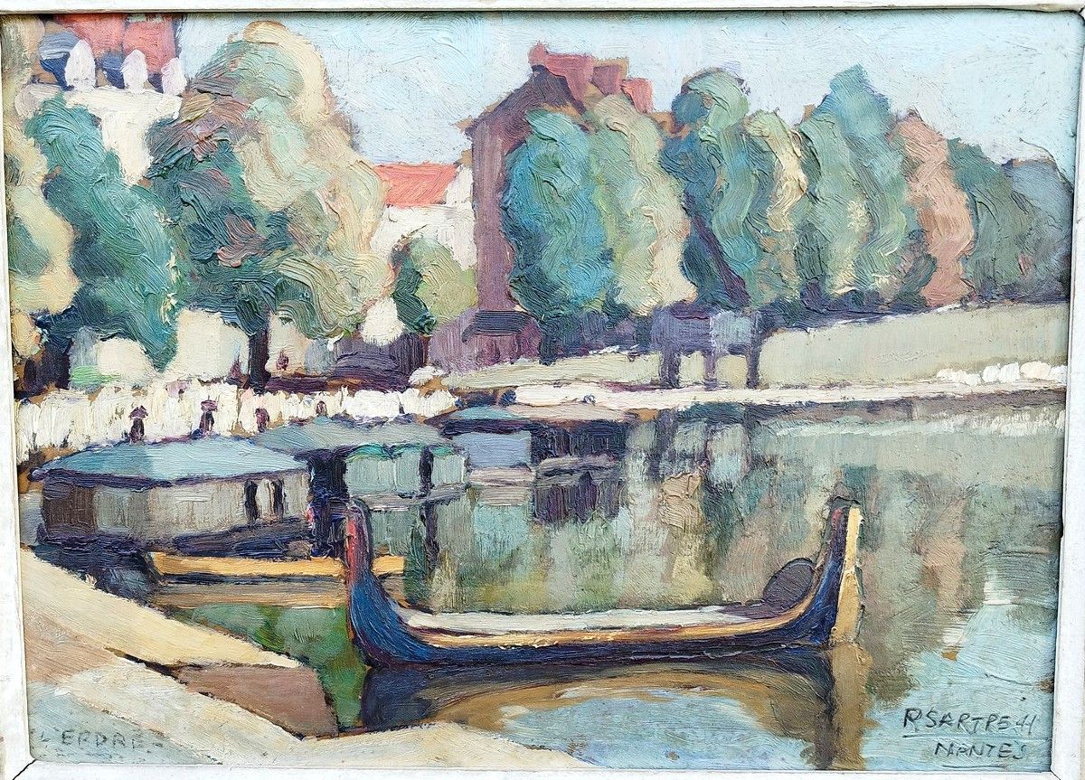 Huile sur carton des bords de l'Erdre de René Sartre, 1941