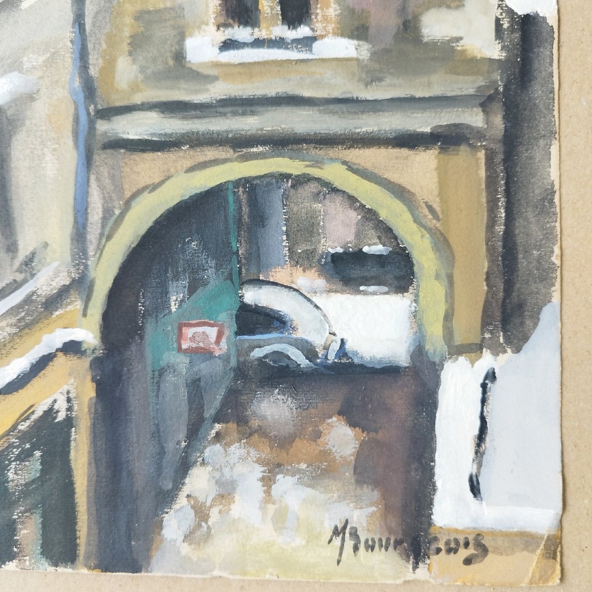Roofs Under The Snow, Gouache On Paper From The 1960s-photo-2