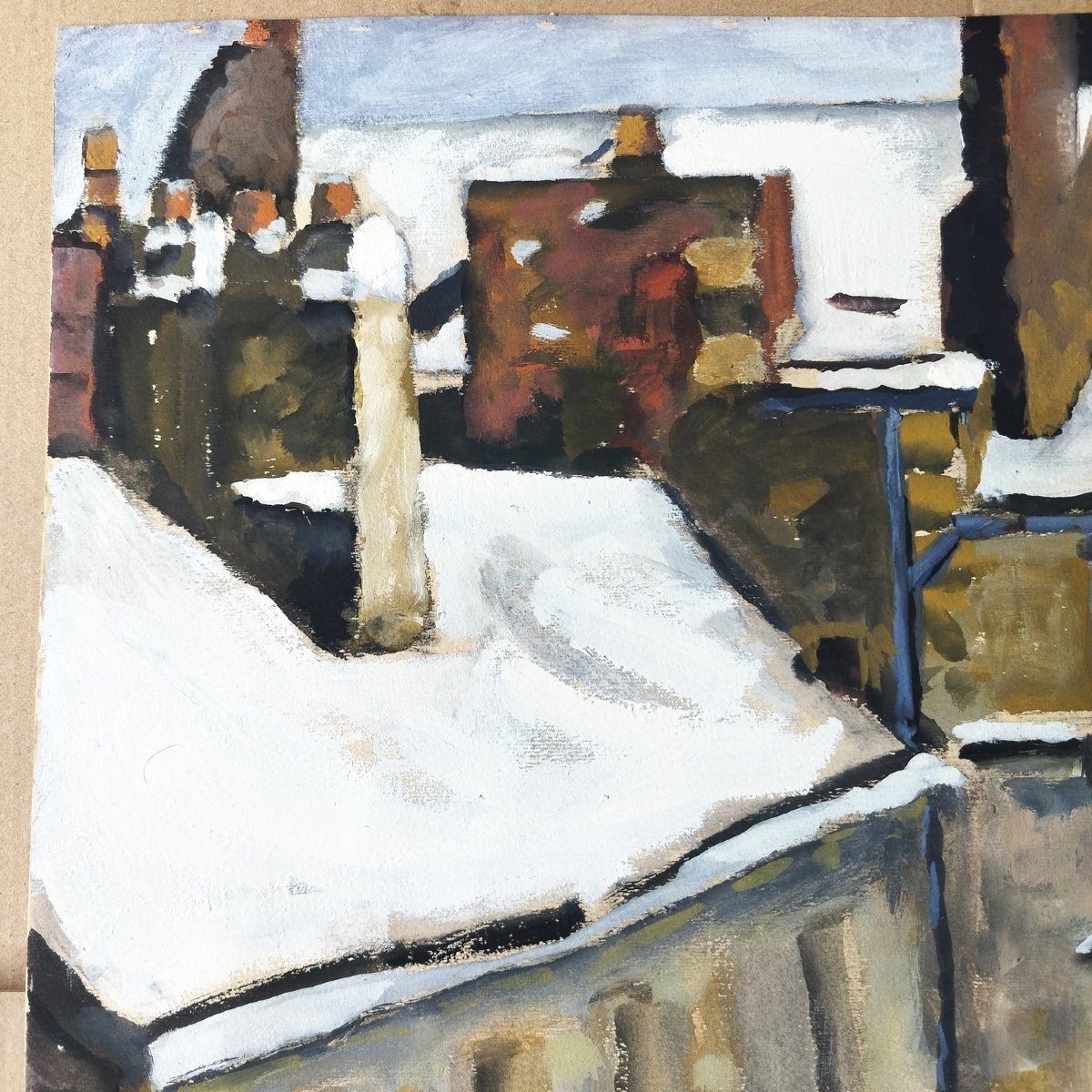 Roofs Under The Snow, Gouache On Paper From The 1960s-photo-3
