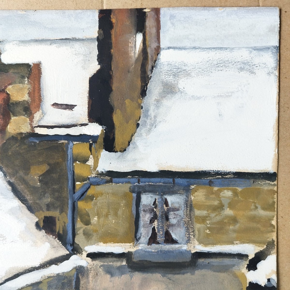 Roofs Under The Snow, Gouache On Paper From The 1960s-photo-4