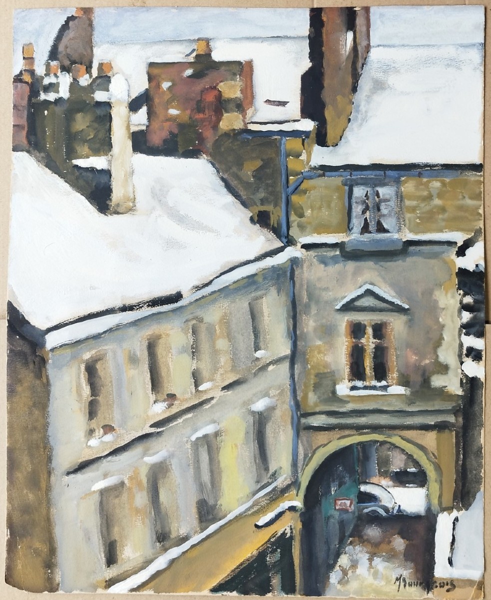 Roofs Under The Snow, Gouache On Paper From The 1960s